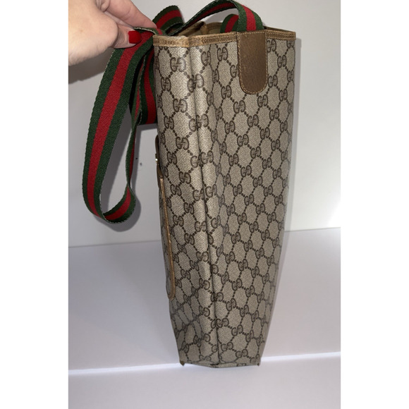 GUCCI Vintage GG Supreme Canvas Tote Web Stripe Shoulder Bag Italy Authentic - Picture 5 of 15